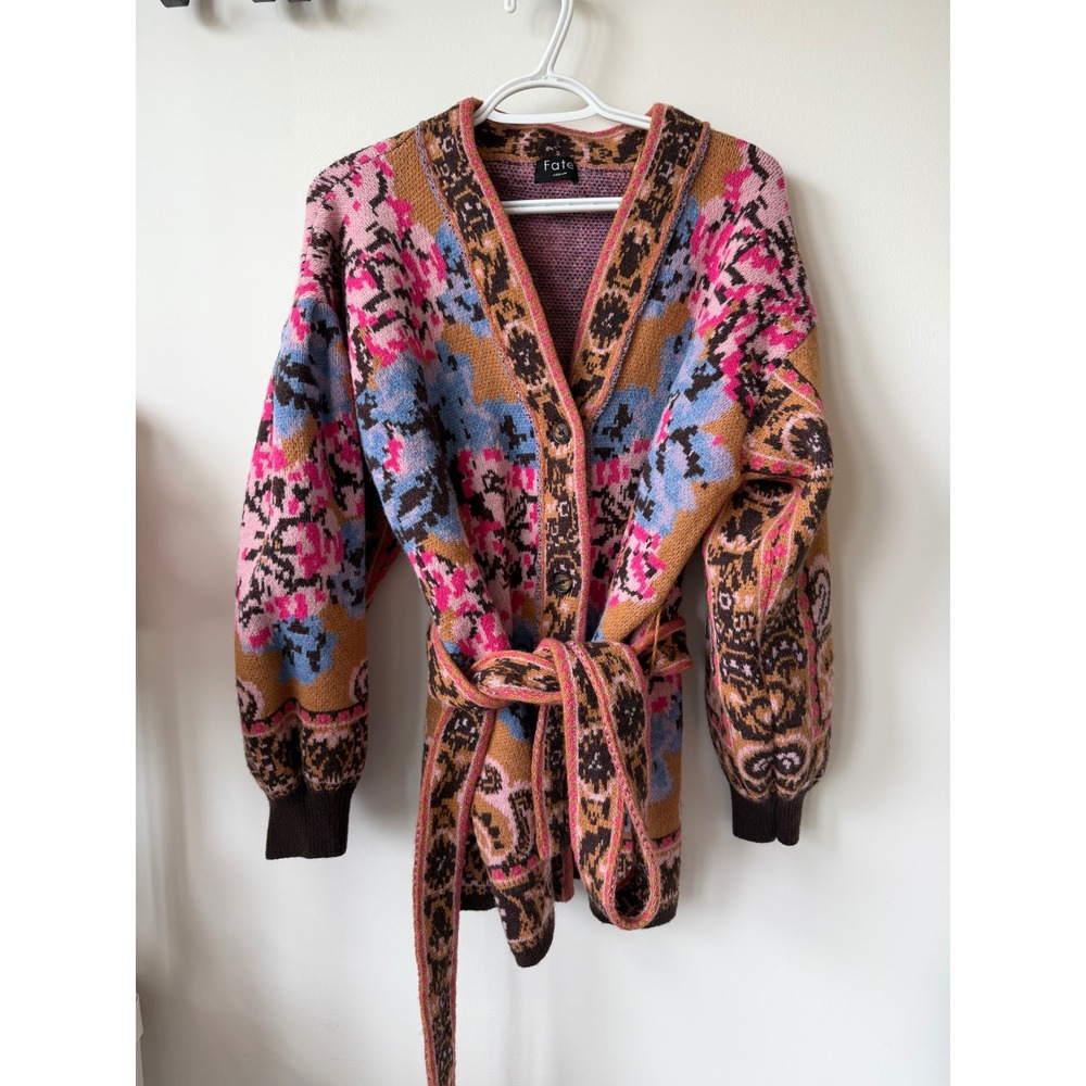 Fate Medium Boho Intarsia Knit Cardigan Sweater Pink Blue Tan Belted V-Neck